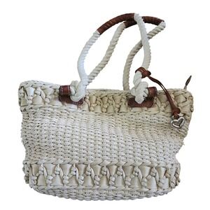 Brighton Straw‎ Tote Bag Purse Handbag Braided Rope Handles Heart Charm